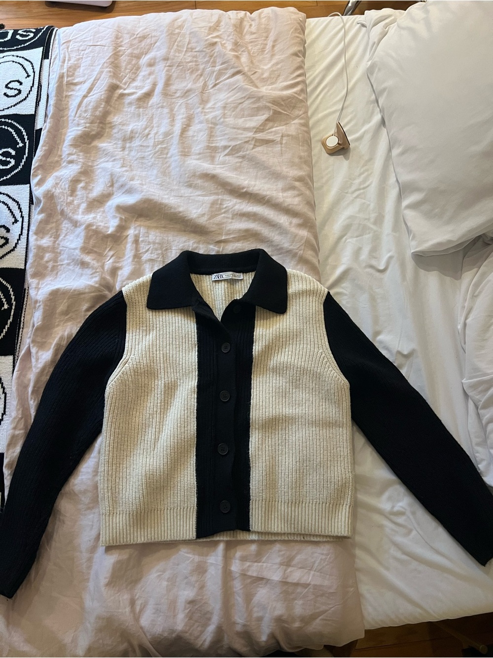 Zara Black and Cream Button-Front Ribbed Cardigan